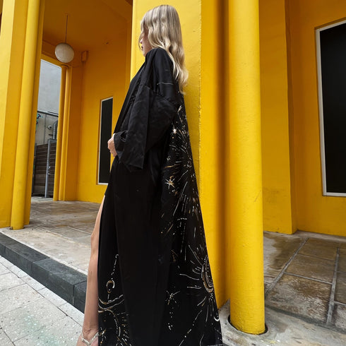 Designer clothes for her, Painted Silk Kimono, Long Cardigan for woman, summer collection, looking for kimono, women's clothes, buy online, custom made wear, fashion designer, black silk fabric