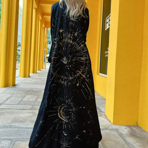 Black Kimono Long Painted, luxury outfit, designer brand, America apparel, hand painted ornaments, wear for women, western wear, Kimono party, Summer collection, Japanese style for her, Long sleeve, Black Oversize Jacket, Silk fabric Kimono