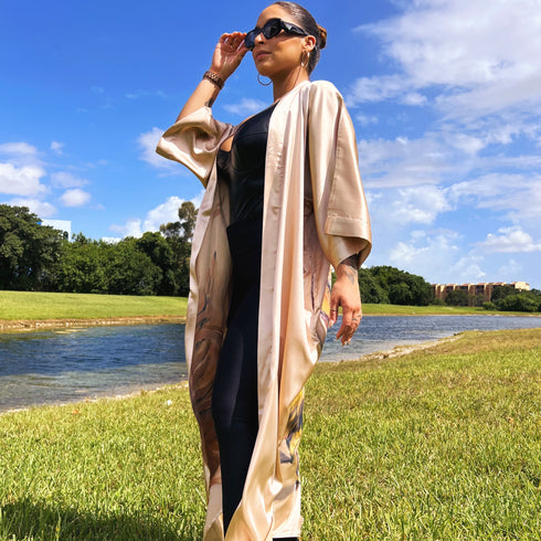 Long Dress Kimono style, gold color, women's kimono, cardigan for sale, apparel in America, Buy Kimono online, wear for women near me, western wear, silk fabric, make an order, designer clothes