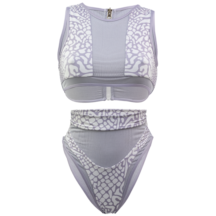 Whitehaven High Waisted Bikini in Animale Reversible, High waist with cheeky cut bottom High neck back zip crop top, BBA