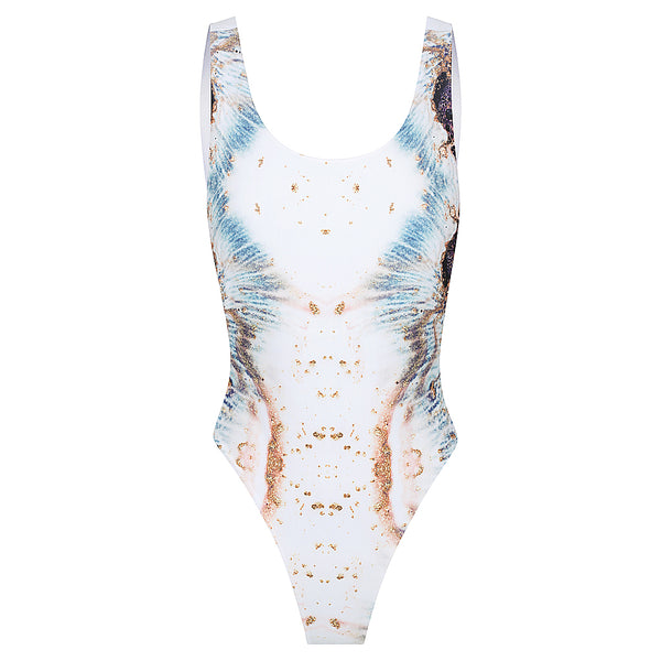 Sorrento One Piece in Calcutta Reversible, Scoop neckline, Mesh side detail, Low back thick strap detail High 80's cut waist