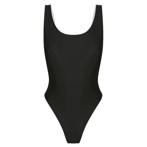 Fully reversed to black Sorrento One Piece in, Scoop neckline, Mesh side detail, Low back thick strap detail High 80's cut waist