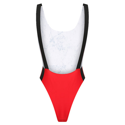 Sorrento One Piece in Marble Reversible, Scoop neckline, Mesh side detail, Low back thick strap detail High 80's cut waist