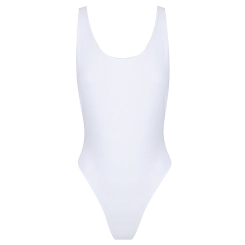 Fully reversed to white Sorrento One Piece, Scoop neckline, Mesh side detail, Low back thick strap detail High 80's cut waist