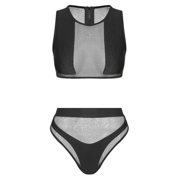 Hamilton Island Bikini in Liquid Black Reversible - high neck mesh detailing, high waist mesh detailing bottom