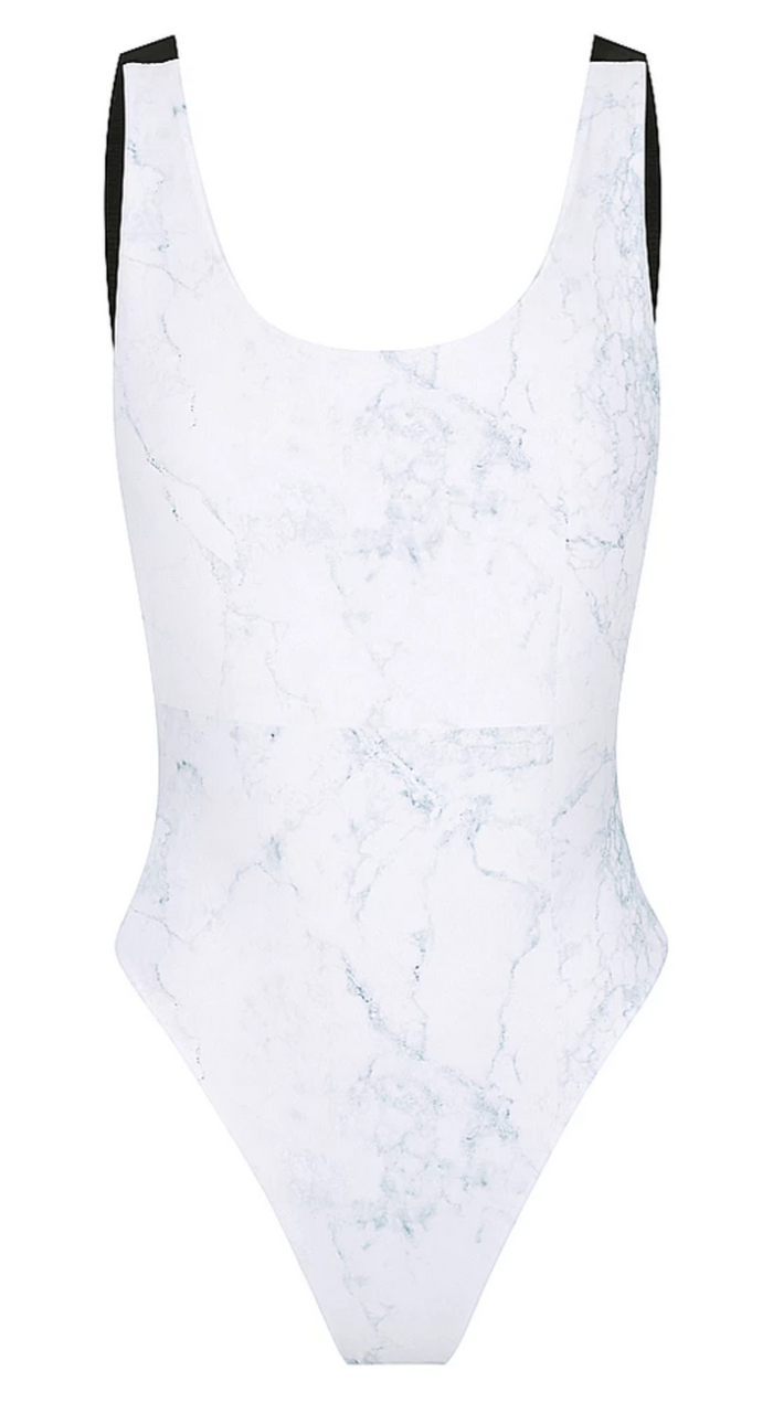 Sorrento One Piece in Marble Reversible, Scoop neckline, Mesh side detail, Low back thick strap detail  High 80's cut waist