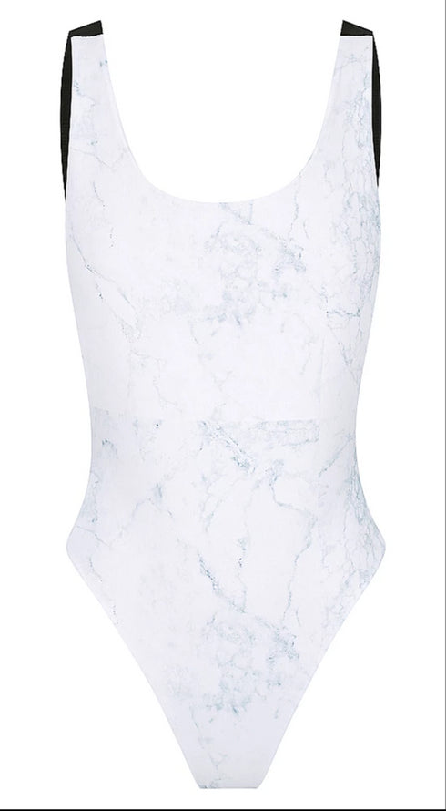 Sorrento One Piece in Marble Reversible, Scoop neckline, Mesh side detail, Low back thick strap detail High 80's cut waist