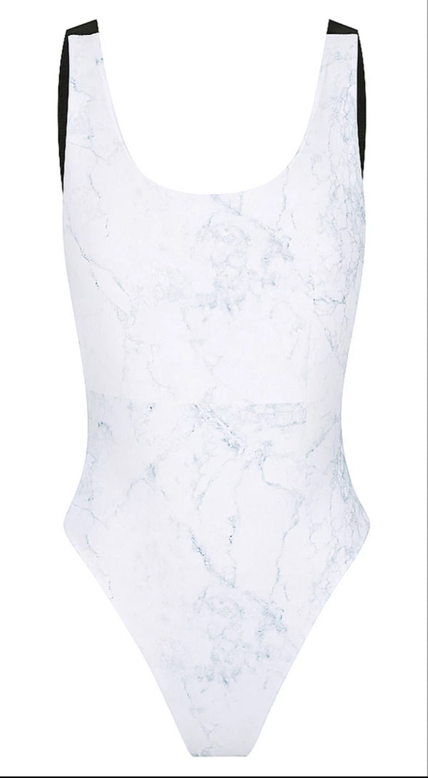 Sorrento One Piece in Marble Reversible, Scoop neckline, Mesh side detail, Low back thick strap detail High 80's cut waist
