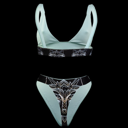 Backside of Bondi Beach Bikini in Wolf Reversible, 80s High Waist bottoms Ruched back expanded Band Detailing, Brazilian cut, BBA