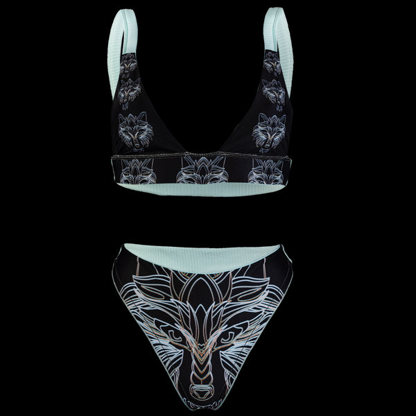 Bondi Beach Bikini in Wolf Reversible, 80s High Waist bottoms Ruched back expanded Band Detailing, Brazilian cut