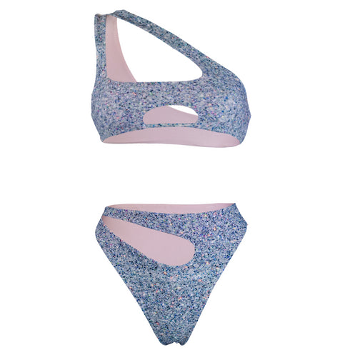 Diamond Bay Bikini in Glitterati Reversible-Angled Cut out Design One Shoulder Top Center Cut out design- High waist cheeky thong cut bottom