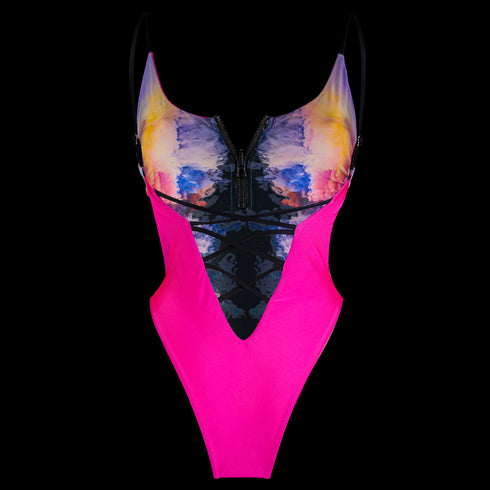 Back side of Satellite Island One Piece in Galaxy Reversible, Cut Out Design, Front Zip, Lace Back Detail, BBA