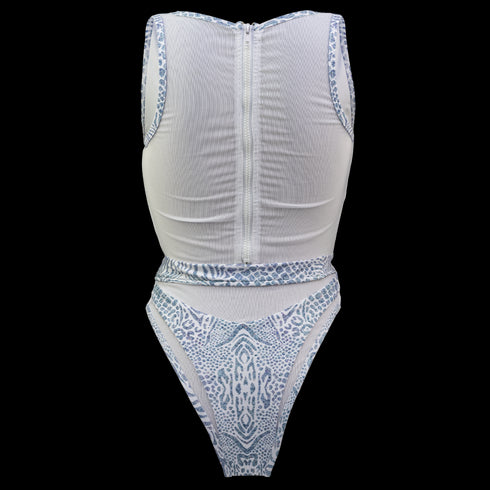 Back side of Hayman Island One Piece in Animale Glitterati Reversible, Plunging neckline, High waist cheeky cut bottom, Fully reversible zipper and mesh back detailing, BBA
