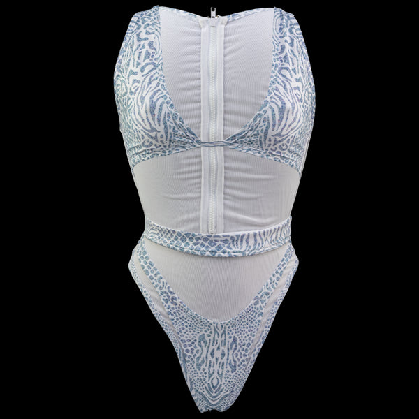 Hayman Island One Piece in Animale Glitterati Reversible, Plunging neckline, High waist cheeky cut bottom, Fully reversible zipper and mesh back detailing
