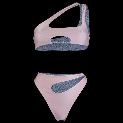 Diamond Bay Bikini in Glitterati Reversed to white -Angled Cut out Design One Shoulder Top Center Cut out design- High waist cheeky thong cut bottom