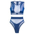 Hamilton Island Bikini in Liquid Navy Reversible, High waisted cheeky cut bottom High waist mesh detailing High neck mesh detailing Back zip crop top