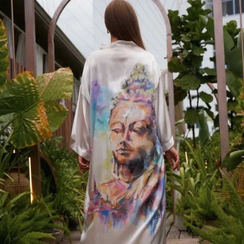 Hand painted stylish Kimono Cardigan, Outfit for women, Kimono painted long Buddha, Long Sleeve, Oversize wear, white kimono, elegant white dress, buy kimono