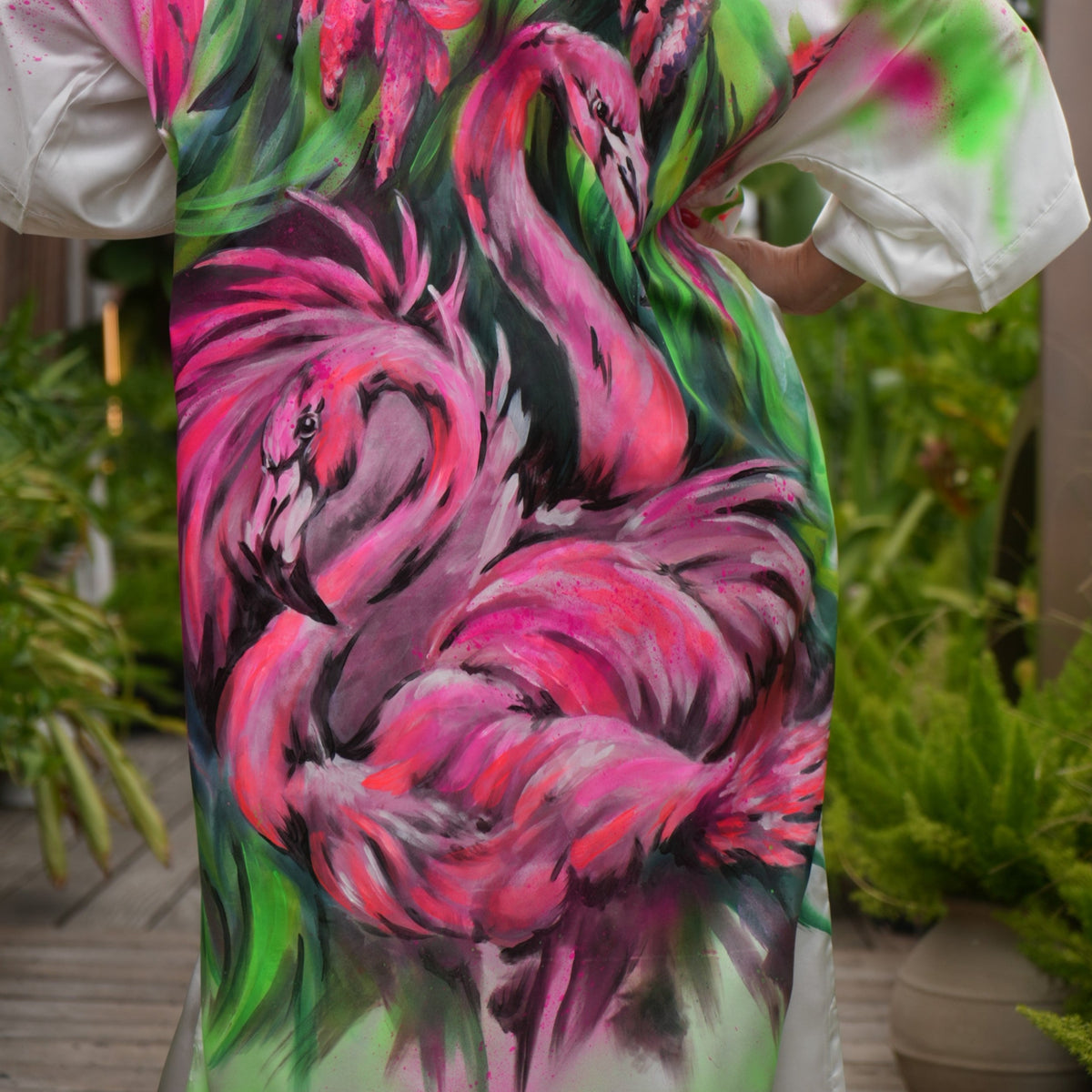 Kimono Painted Long Flamingo, street wear, White color, Oversize model, Japanese style, Custom made wear near me
