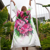 america apparel hand painted, kimono dress, street wear, designer clothes, stylish outfit , Long silk fabric, Pink Flamingo, White color kimono