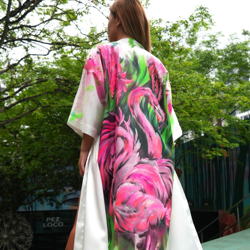 Painted Long Kimono Flamingo, Custom made, White silk fabric, Buy Online wear for women, white dress, painted long cardigan, Flamingo, Pink and white color