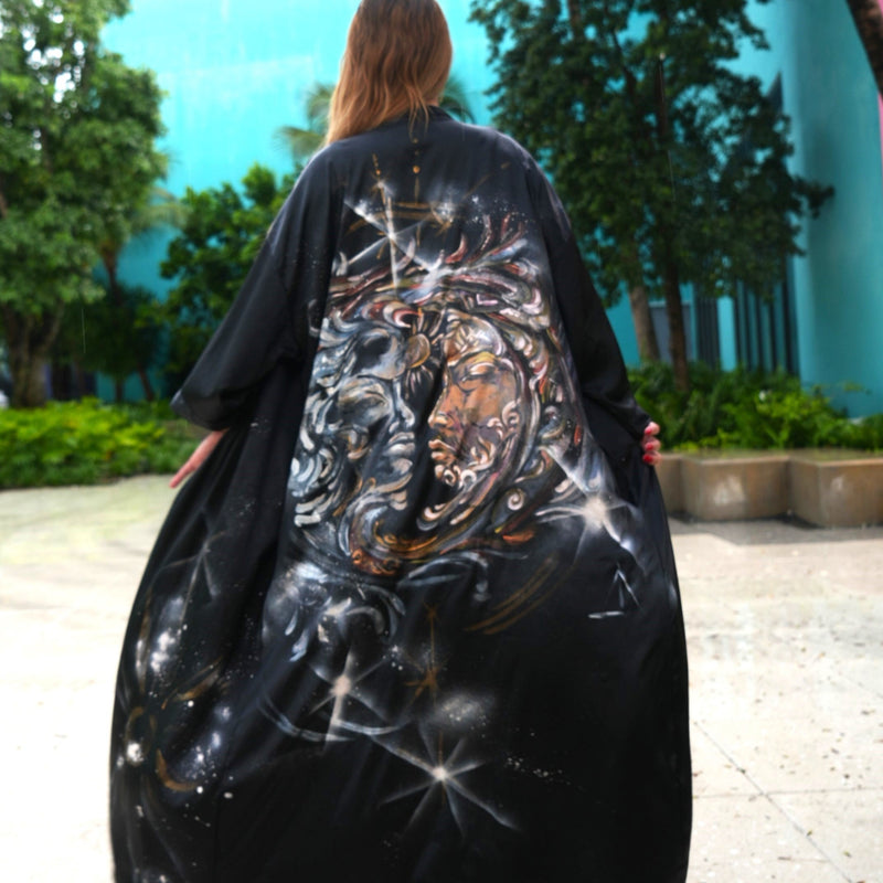 Long Painted Kimono buy online, sale wear, Japanese Kimonos, Black color dress, new collection, find your kimono dress, summer sale, custom made clothes, women's kimono, fashion brand, street wear, Kimono party, Black style for woman