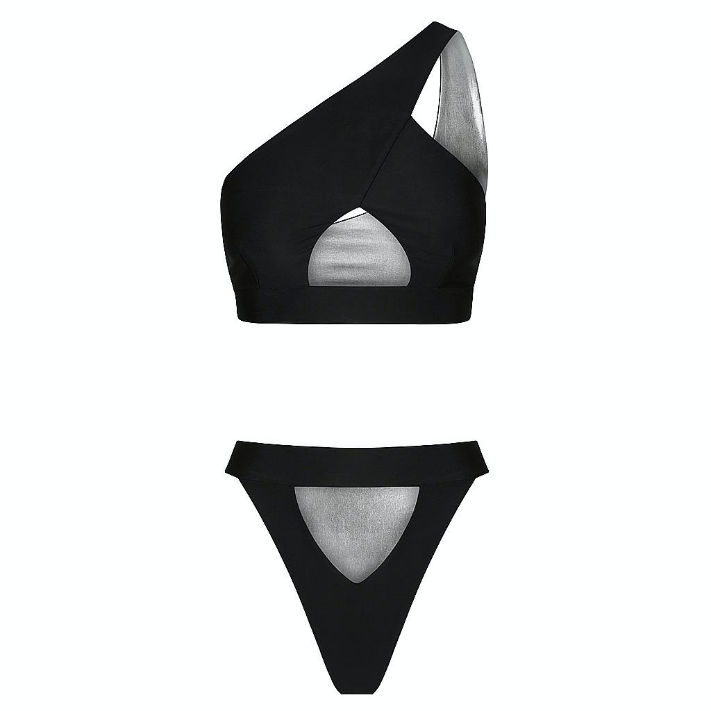 fully reversed to black Shark Bay Bikini in Liquid Silver, High waist Brazilian cut bottom, One shoulder crop top, Black band detail Top and bottom, center cut out design