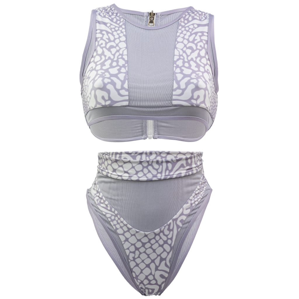 Whitehaven High Waisted Bikini in Animale Reversible, High waist with cheeky cut bottom High neck back zip crop top, BBA