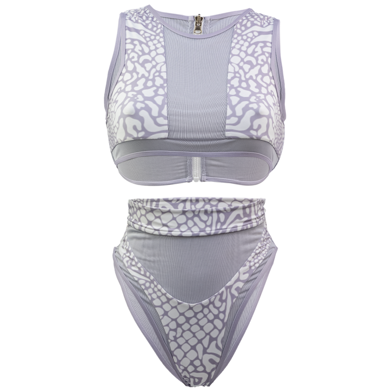 Whitehaven High Waisted Bikini in Animale Reversible, High waist with cheeky cut bottom High neck back zip crop top, BBA