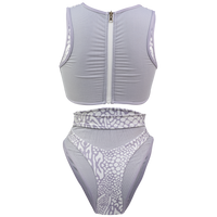 Back side of Whitehaven High Waisted Bikini in Animale Reversible, High waist with cheeky cut bottom High neck back zip crop top, BBA