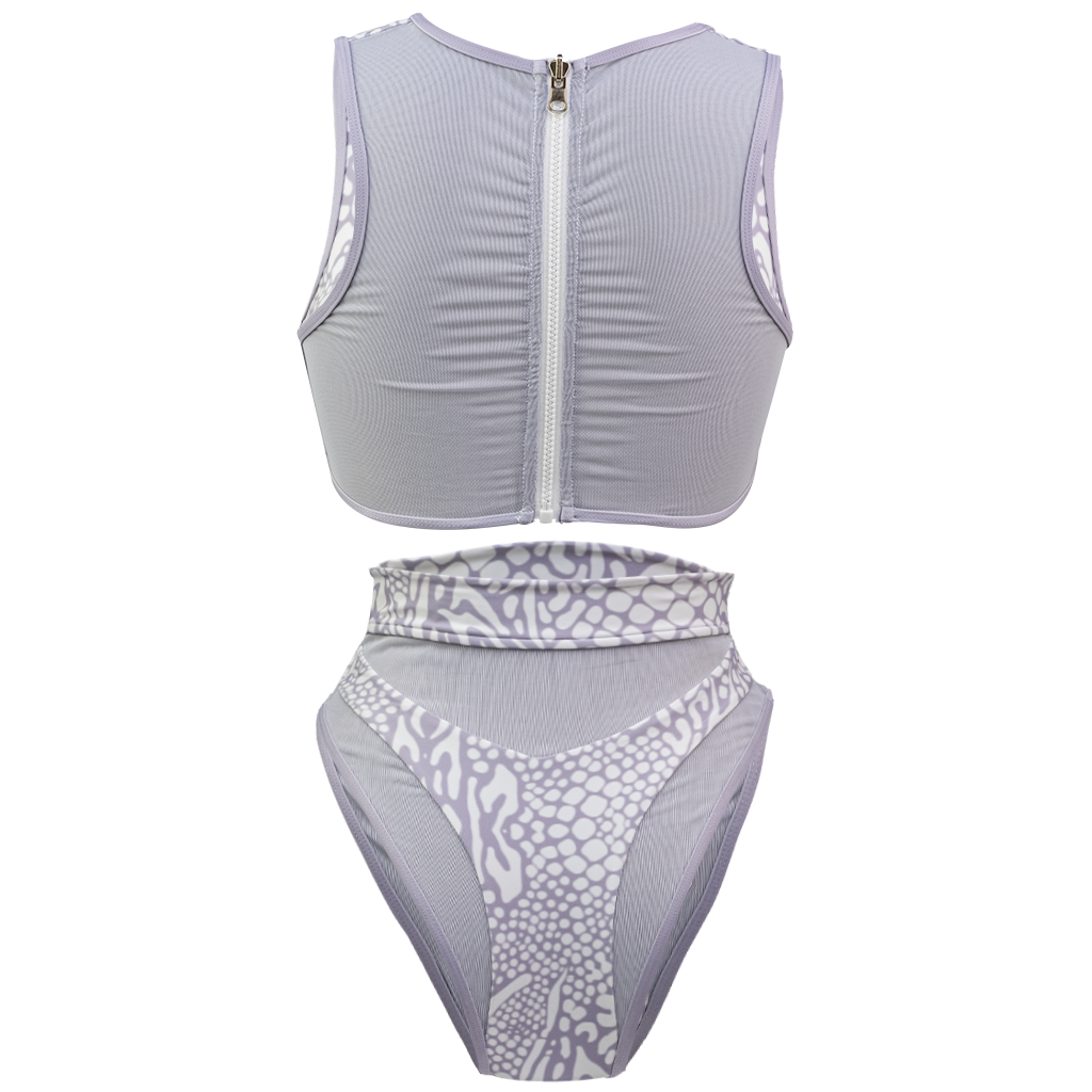 Back side of Whitehaven High Waisted Bikini in Animale Reversible, High waist with cheeky cut bottom High neck back zip crop top, BBA