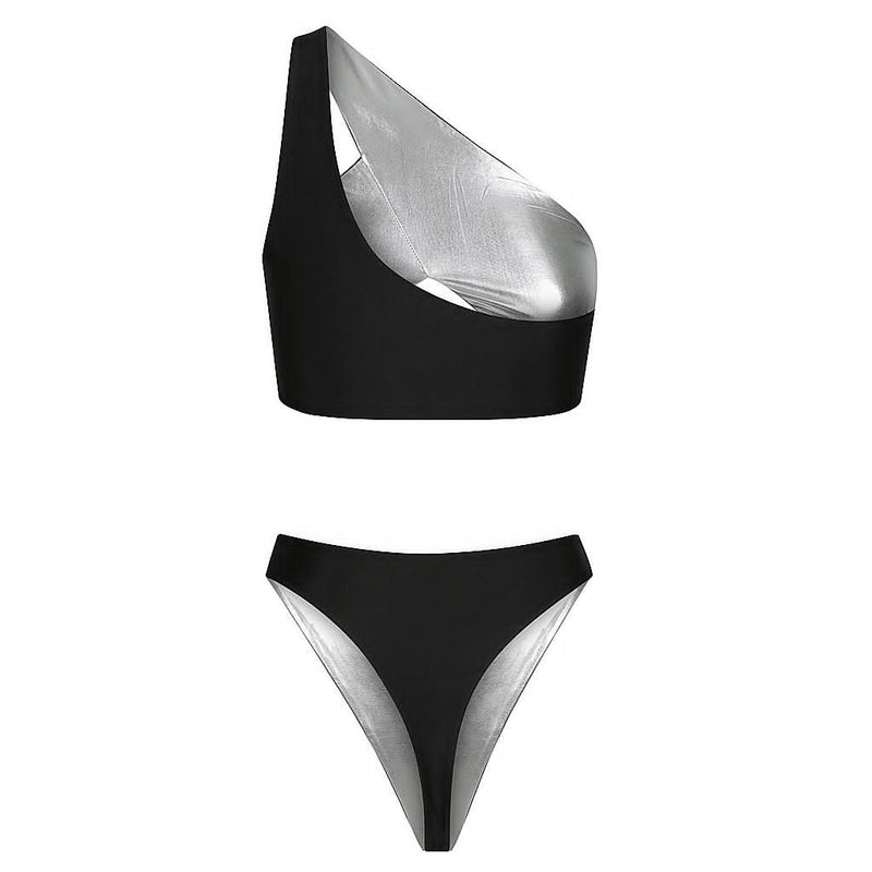 fully reversed to black Shark Bay Bikini in Liquid Silver, High waist Brazilian cut bottom, One shoulder crop top, Black band detail Top and bottom, center cut out design