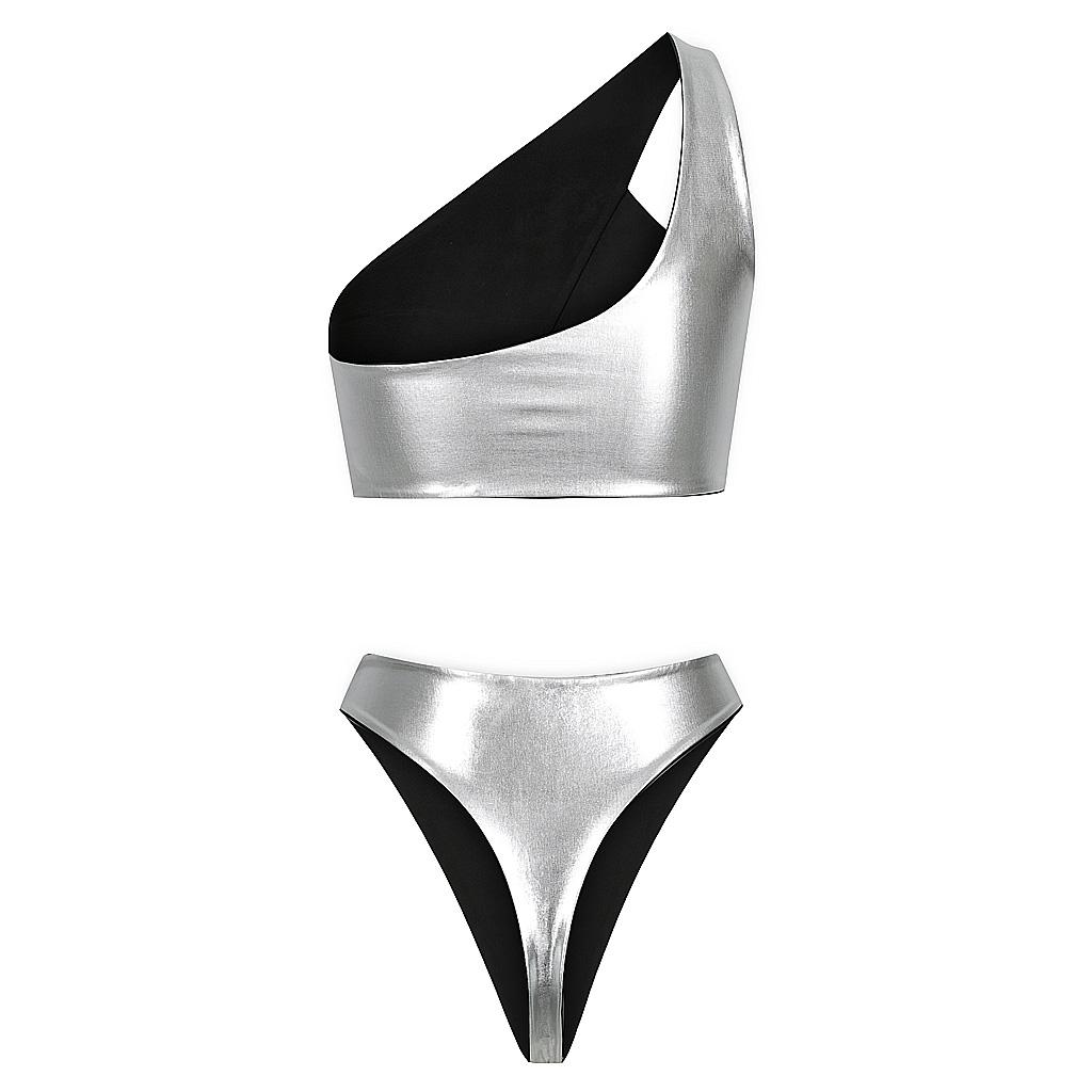 Shark Bay Bikini in Liquid Silver Reversible, High waist Brazilian cut bottom, One shoulder crop top, Black band detail Top and bottom, center cut out design