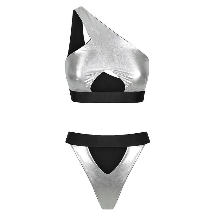 Shark Bay Bikini in Liquid Silver Reversible, High waist Brazilian cut bottom, One shoulder crop top, Black band detail Top and bottom, center cut out design