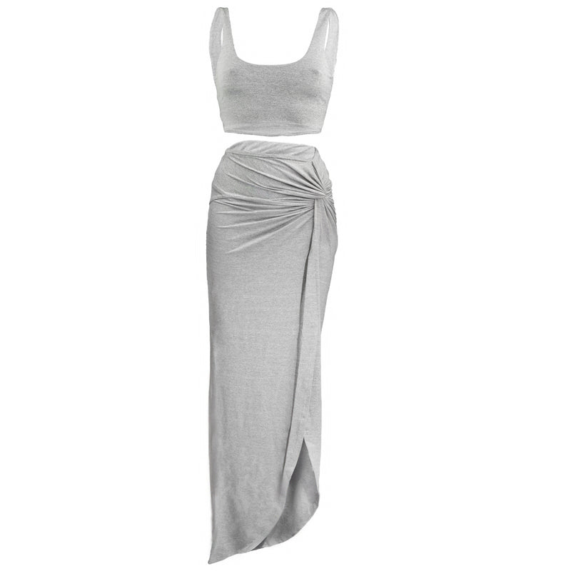 Resort Set in Soft Granite - High Waist Skirt, Full Length Side Slit , Gathered Knot, Detail Interior Lining, Crop top, BBA