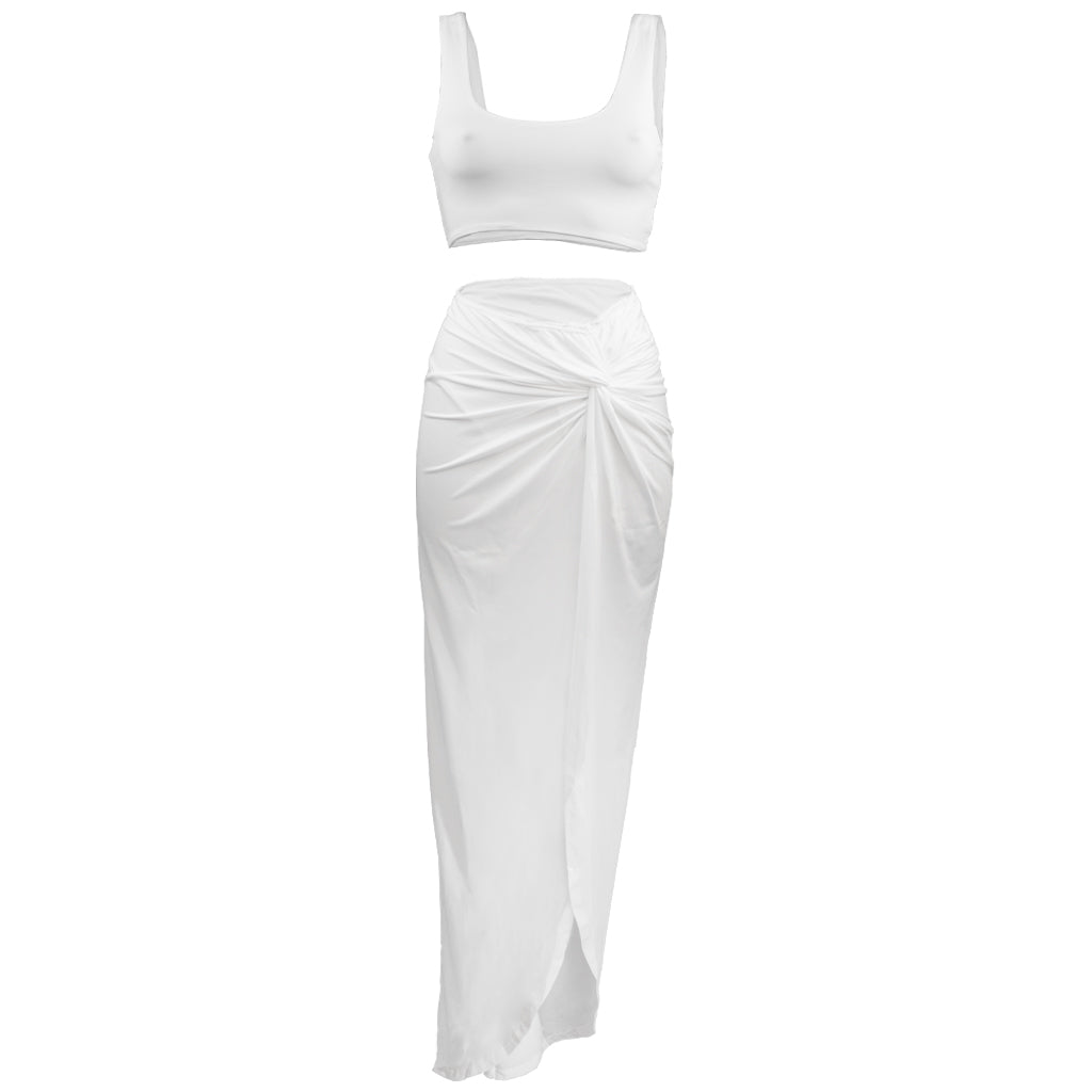 Resort Set in Frostbite - High Waist Skirt, Full Length Side Slit , Gathered Knot, Detail Interior Lining, Crop top, BBA