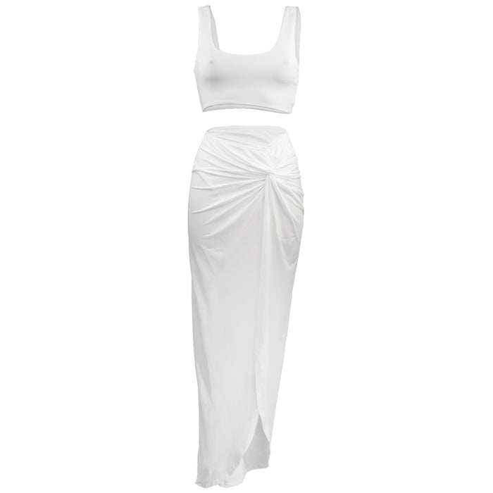 Resort Set in Frostbite - High Waist Skirt, Full Length Side Slit , Gathered Knot, Detail Interior Lining, Crop top, BBA