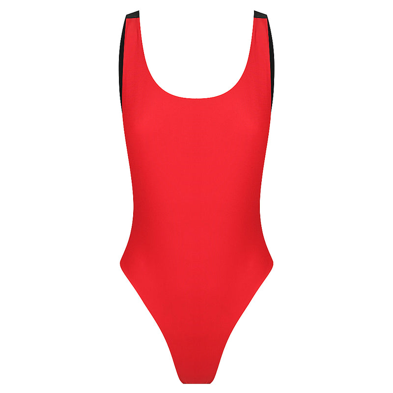 Fully reversed to Red Sorrento One Piece, Scoop neckline, Mesh side detail, Low back thick strap detail High 80's cut waist