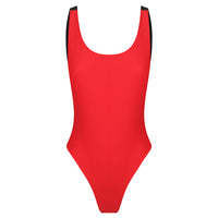 Fully reversed to Red Sorrento One Piece, Scoop neckline, Mesh side detail, Low back thick strap detail High 80's cut waist