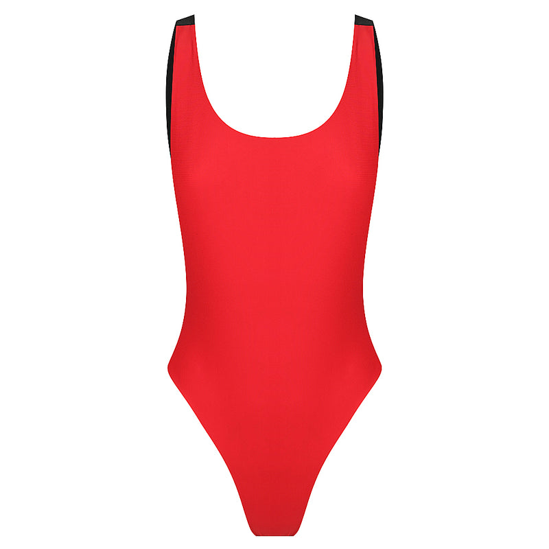 Fully reversed to Red Sorrento One Piece, Scoop neckline, Mesh side detail, Low back thick strap detail High 80's cut waist