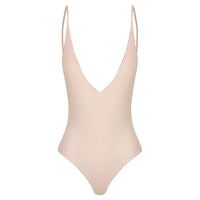 Emerald Beach One Piece in fully Reversed to soft pink , Deep V plunging neckline Moderate back coverage Mid to high waist cut Adjustable straps