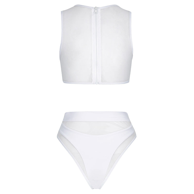 Back side of Hamilton Island Bikini in Frostbite Reversible, High Waisted Cheeky Cut Bottom High waist mesh detailing High neck mesh detailing Back zip crop top Full mesh back detail, BBA