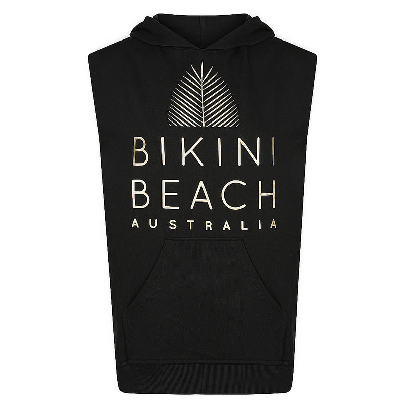 Surf Sleeveless Pullover Jumper in Black, with writing text of Bikini Beach Australia