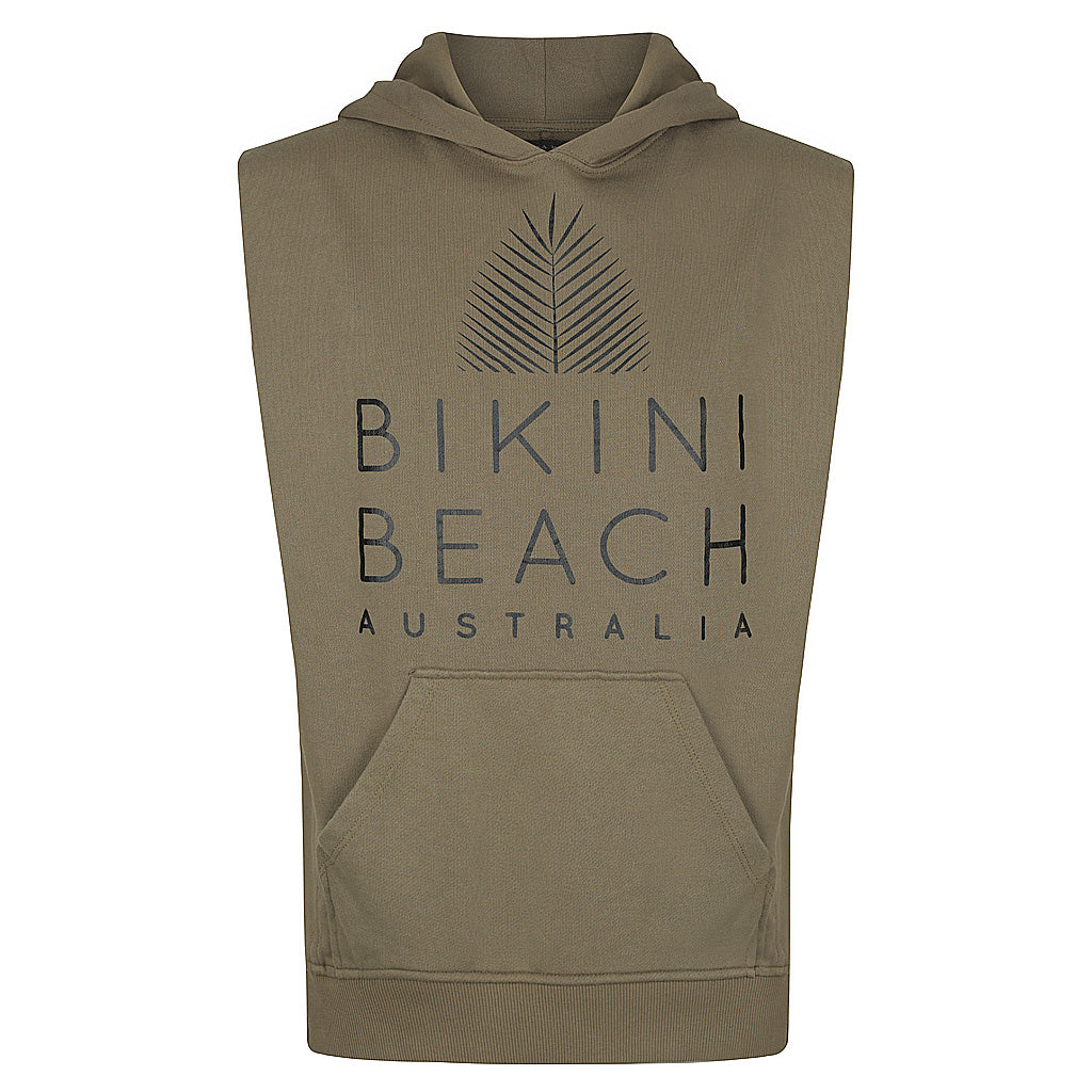 Surf Sleeveless Pullover Jumper in Olive, with writing text of Bikini Beach Australia