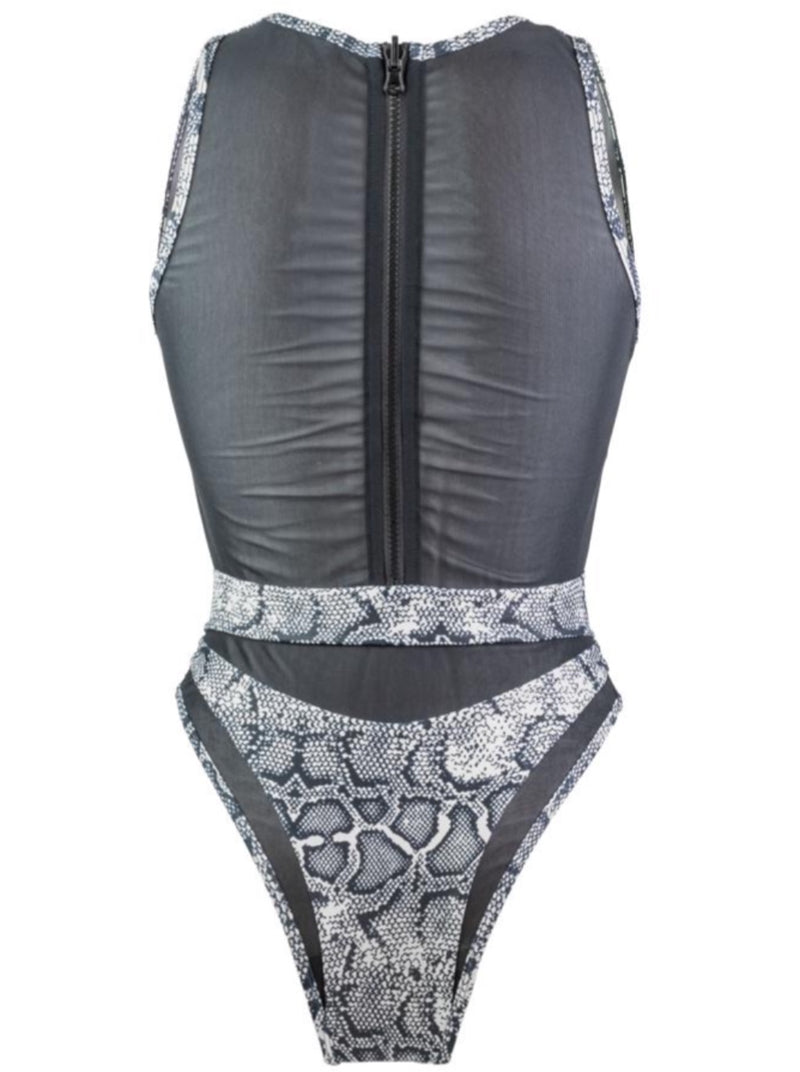 Hayman Island One Piece in Sea Serpent Reversible, deep neck plunging, high waist mesh detailing bottoms - Full back zip top