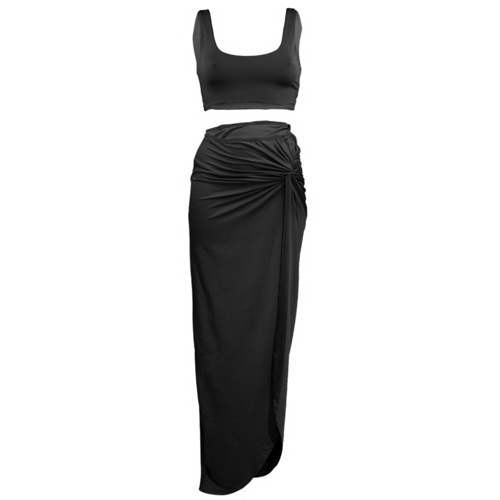 Resort Set in Midnight - High Waist Skirt, Full Length Side Slit , Gathered Knot, Detail Interior Lining, Crop top, BBA