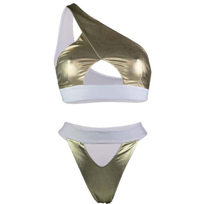 Shark Bay Bikini in Gold Dust Reversible - One shoulder crop top - Top and Bottom center cut out design