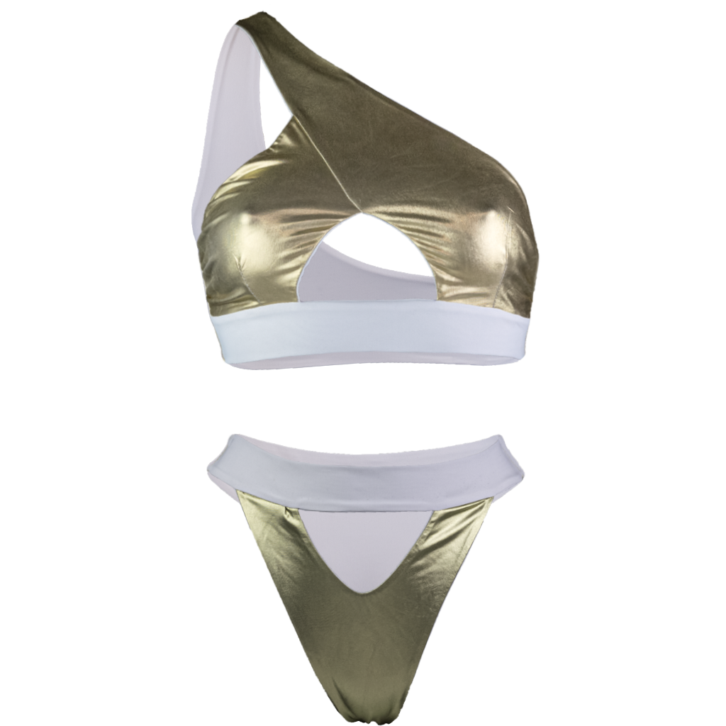 Shark Bay Bikini in Gold Dust Reversible - One shoulder crop top - Top and Bottom center cut out design