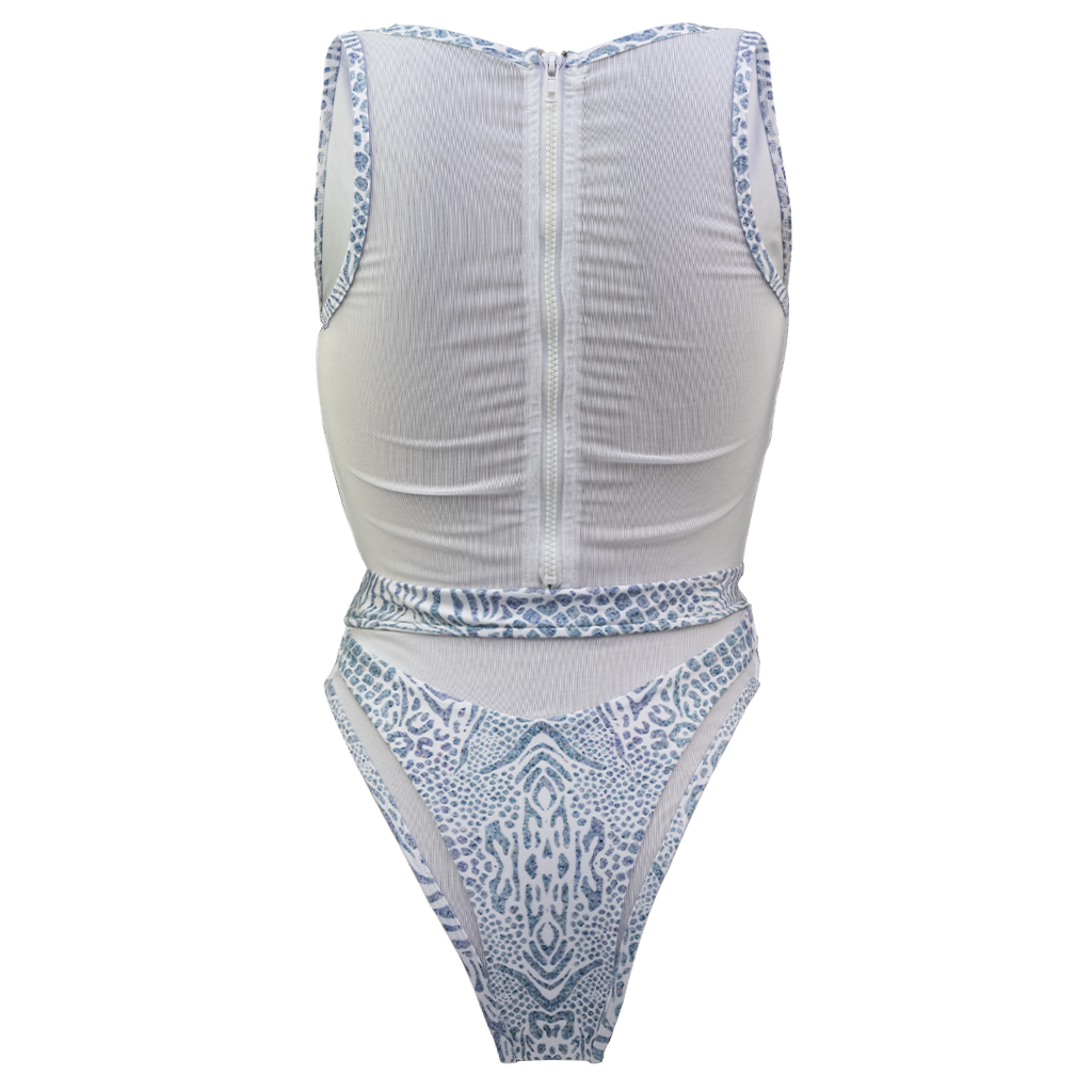 Back side of Hayman Island One Piece in Animale Glitterati Reversible, Plunging neckline, High waist cheeky cut bottom, Fully reversible zipper and mesh back detailing, BBA