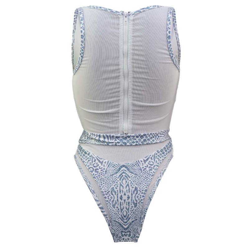 Back side of Hayman Island One Piece in Animale Glitterati Reversible, Plunging neckline, High waist cheeky cut bottom, Fully reversible zipper and mesh back detailing, BBA