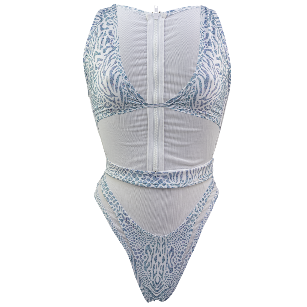 Hayman Island One Piece in Animale Glitterati Reversible, Plunging neckline, High waist cheeky cut bottom, Fully reversible zipper and mesh back detailing